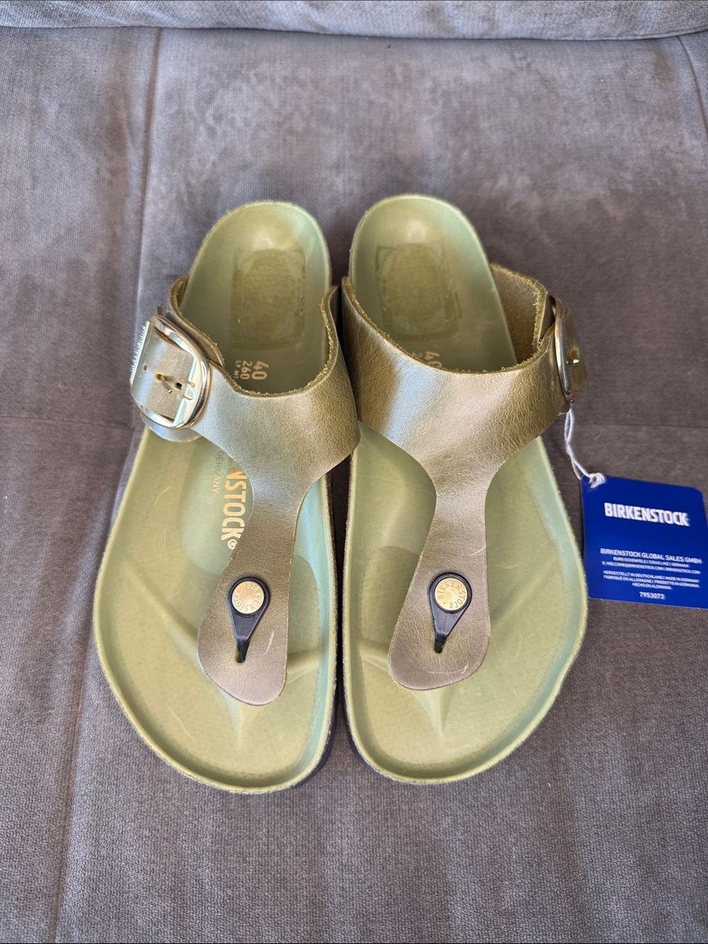 Birkenstock Gold Big Buckle Gizeh Olive Green Thong Sandals